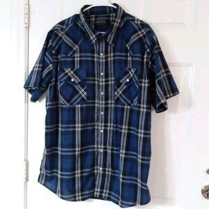 Vintage High Noon Shirt Men XL Blue Plaid Pearl Snap Western Short Sleeve